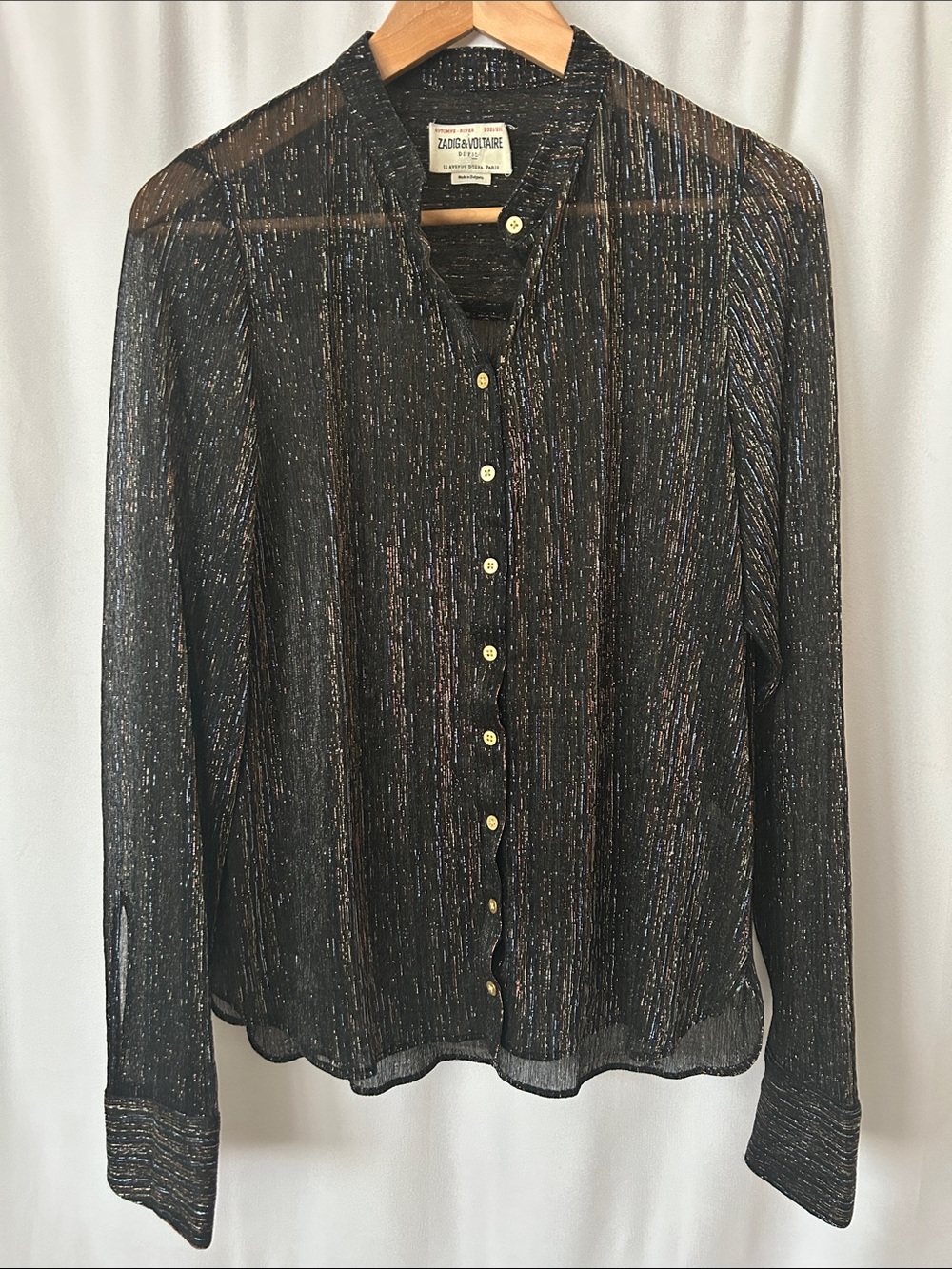 Zadig & Voltaire Black Metallic Thread Long Sleeve Blouse Shirt Top **Size M**🌺🌺 - Picture 3 of 8